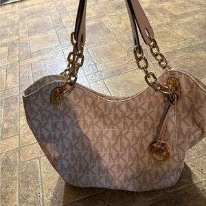 Michael Kors Monogram Beige and Gold Shoulder Bag